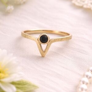Black Onyx Chevron Ring – Gold Tone Minimalist Stackable V Ring